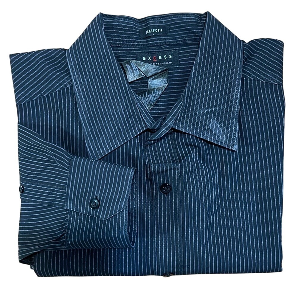 Axcess Mens Classic Fit Long Sleeve‎ Button Down Dress Shirt Black Pinstripe XXL